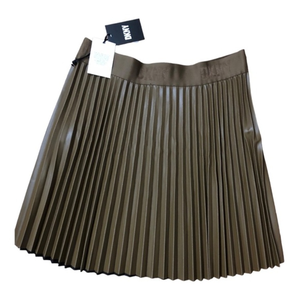DKNY olive Faux‎ leather accordian Pleats logo waistband Mini Skirt size XL new